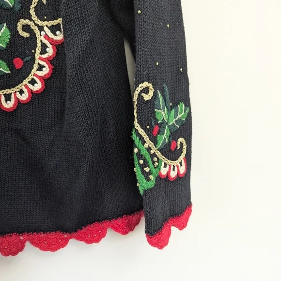 Vintage 90s Ugly‎ Christmas Embroidered Holly Sweater 3D - Picture 10 of 14